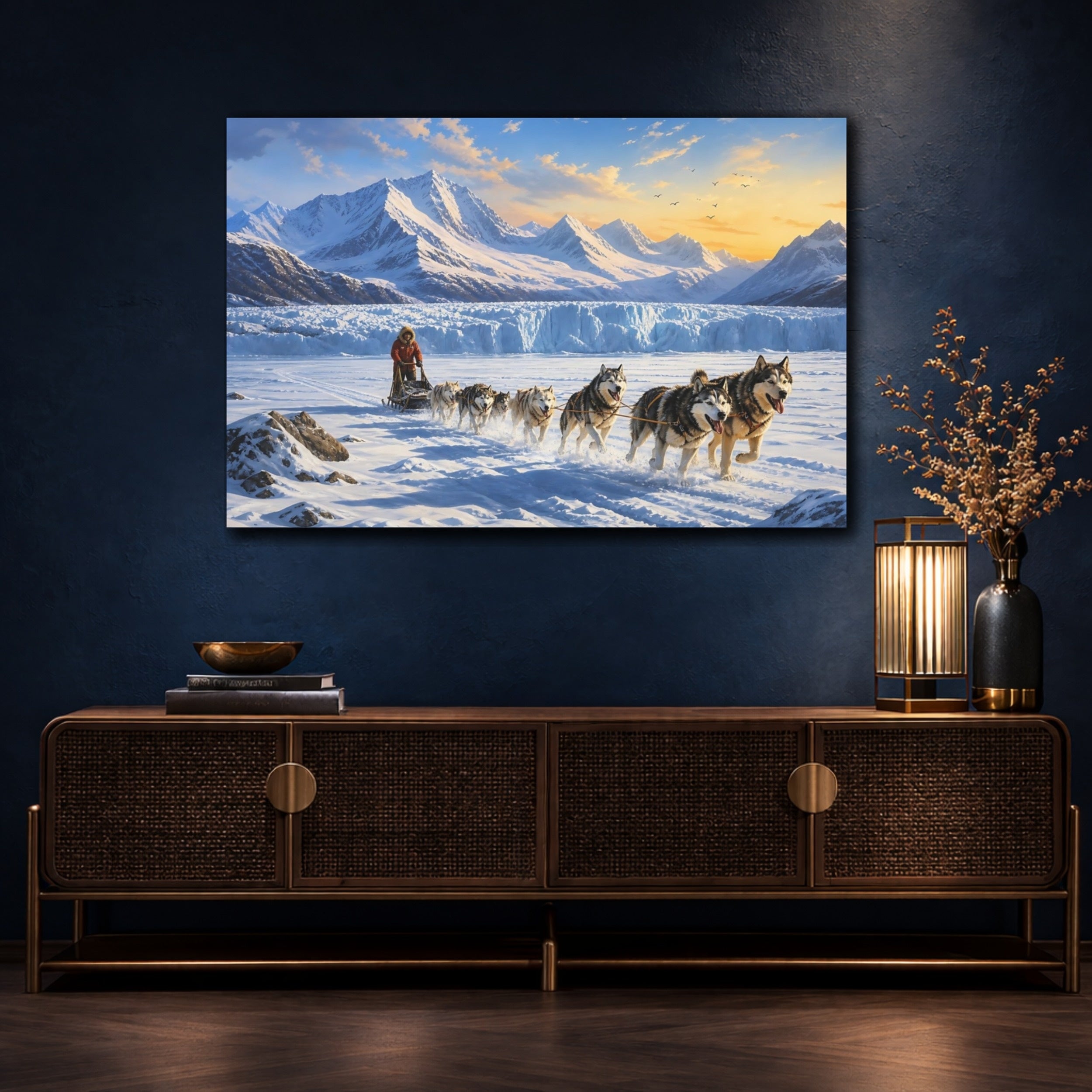 Mockup 4. Nature Sled Dogs Snowy Wilderness shown as stretched canvas wall art