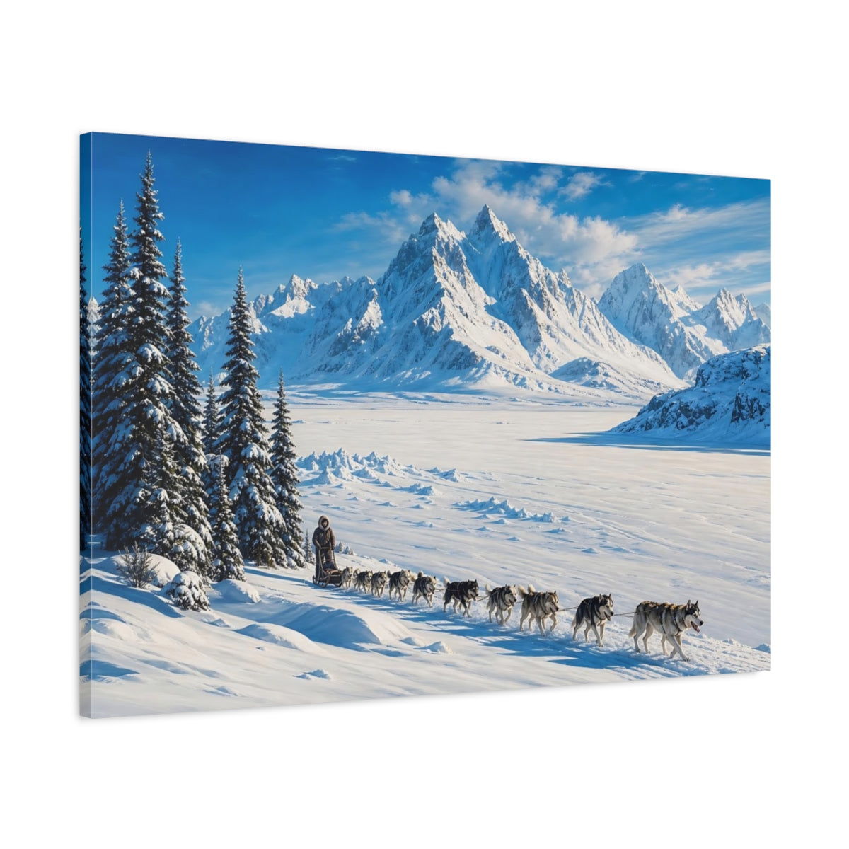 Main Mockup. Nature Sled Dogs Winter Landscape shown as stretched canvas wall art