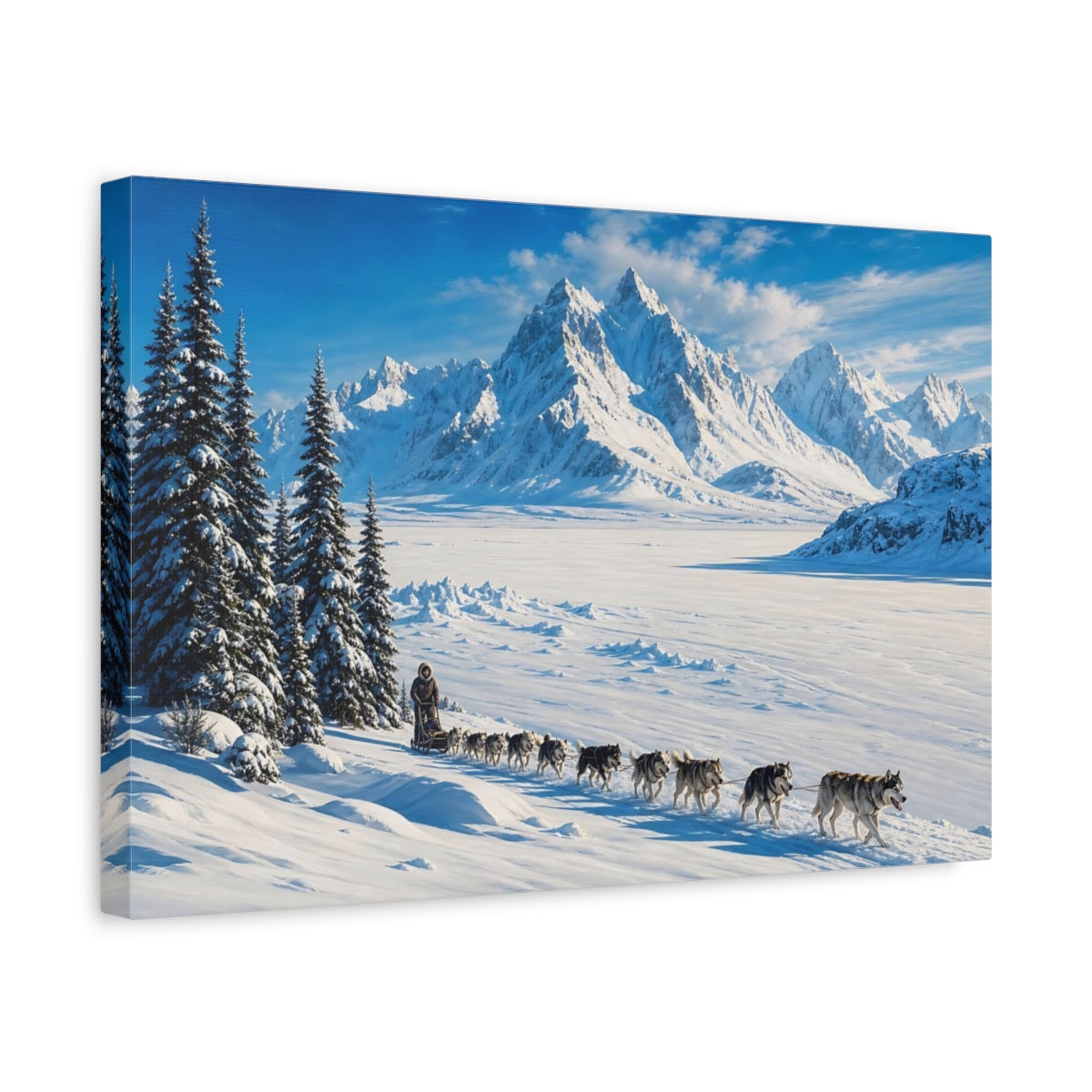 Side Mockup 4. Nature Sled Dogs Winter Landscape shown as stretched canvas wall art