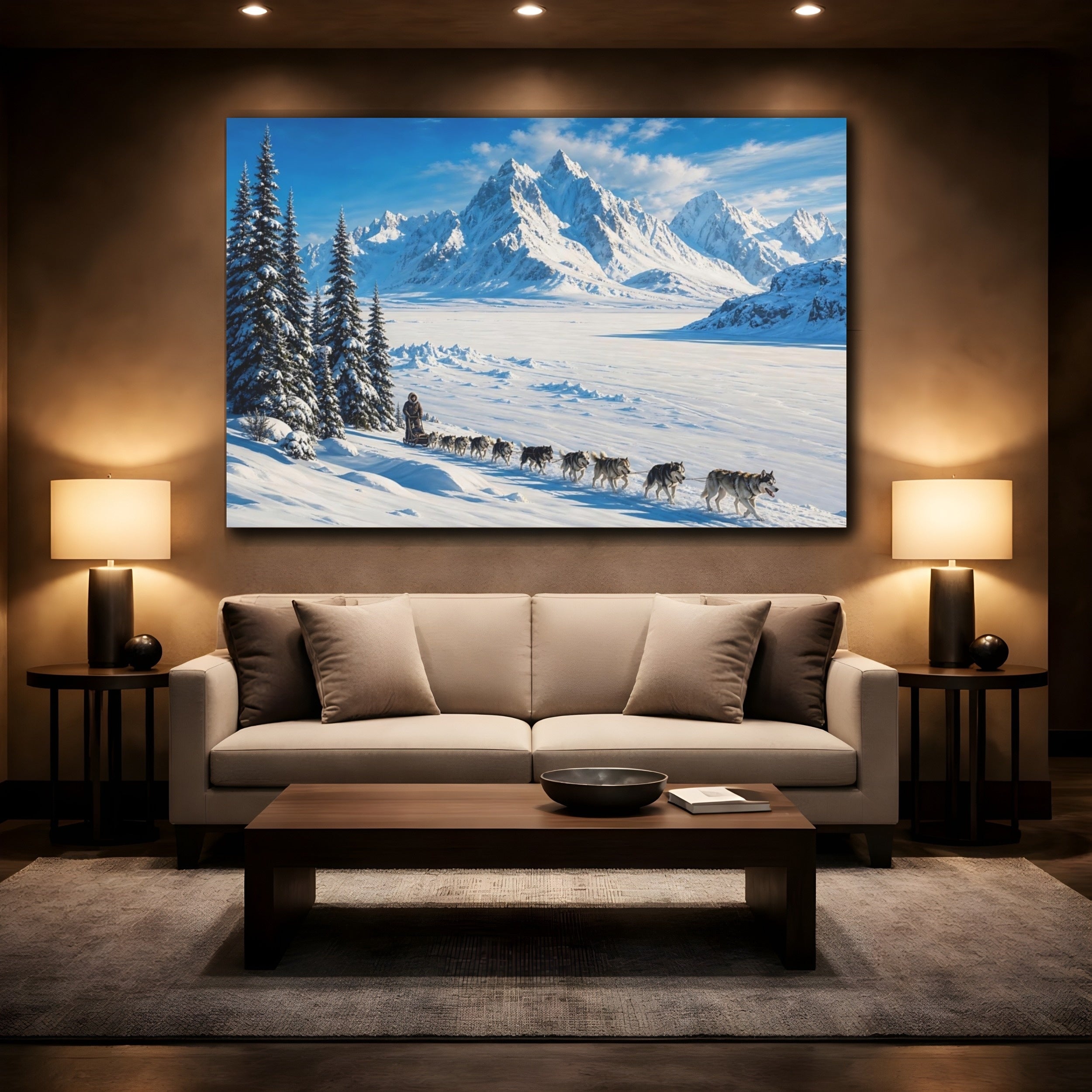 Mockup 2. Nature Sled Dogs Winter Landscape shown as stretched canvas wall art