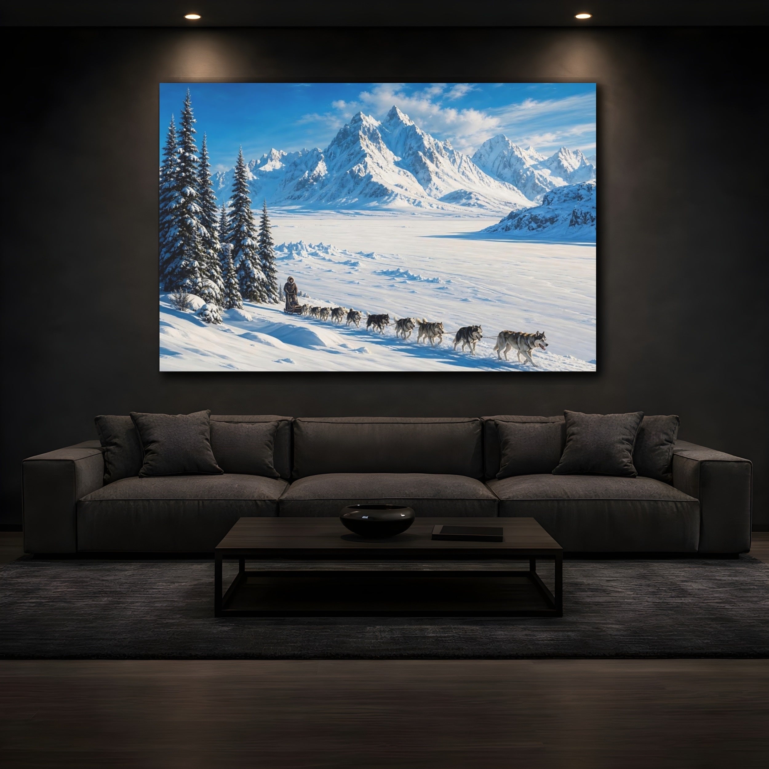 Mockup 3. Nature Sled Dogs Winter Landscape shown as stretched canvas wall art