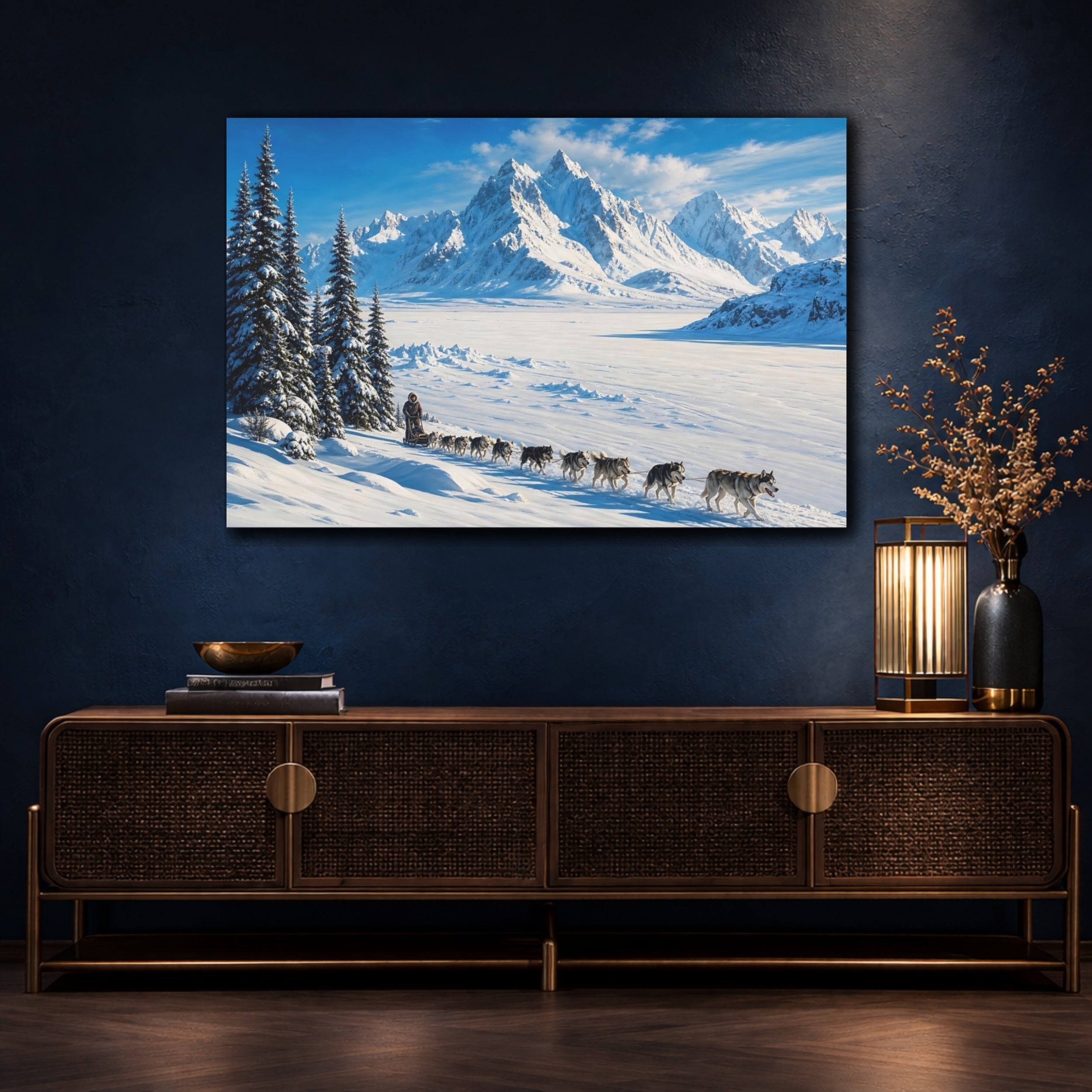Mockup 4. Nature Sled Dogs Winter Landscape shown as stretched canvas wall art
