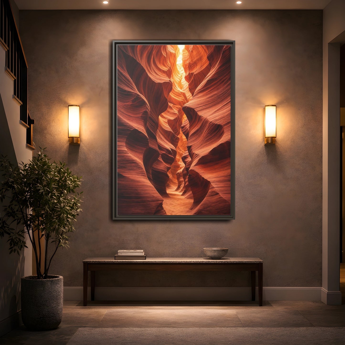 Nature Slot Canyon Orange Framed Canvas Wall Art - Photorealistic Decor for Living Room, Above Couch shown as canvas wall art