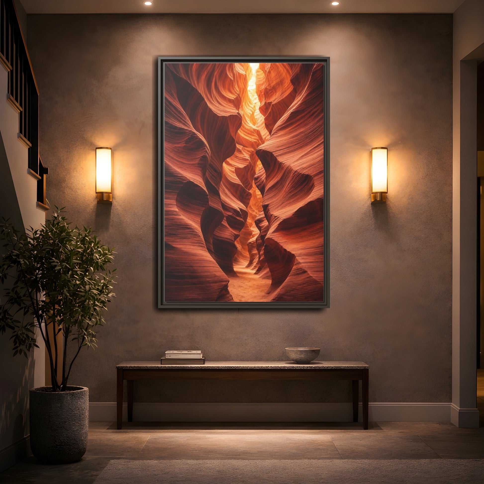 Nature Slot Canyon Orange Framed Canvas Wall Art - Photorealistic Decor for Living Room, Above Couch shown as canvas wall art