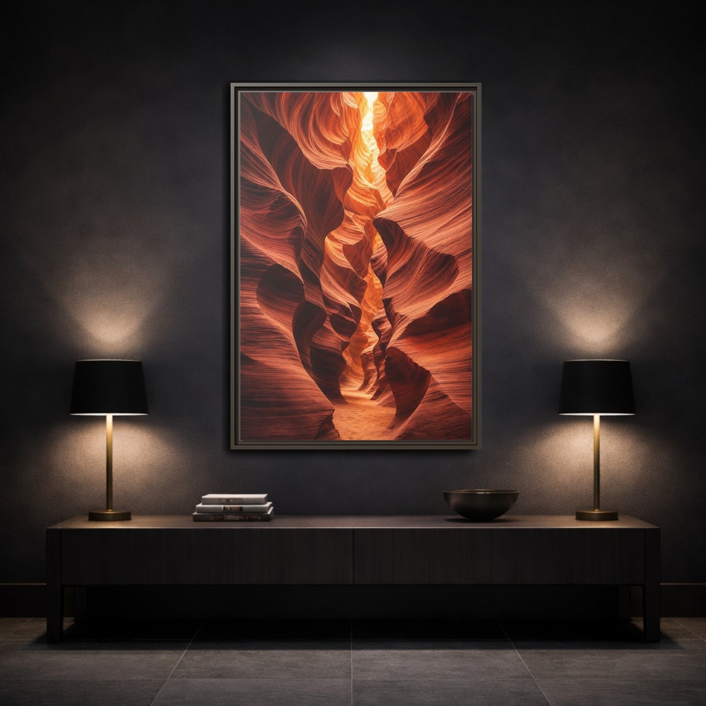 Nature Slot Canyon Orange Framed Canvas Wall Art - Photorealistic Decor for Living Room, Above Couch shown as canvas wall art