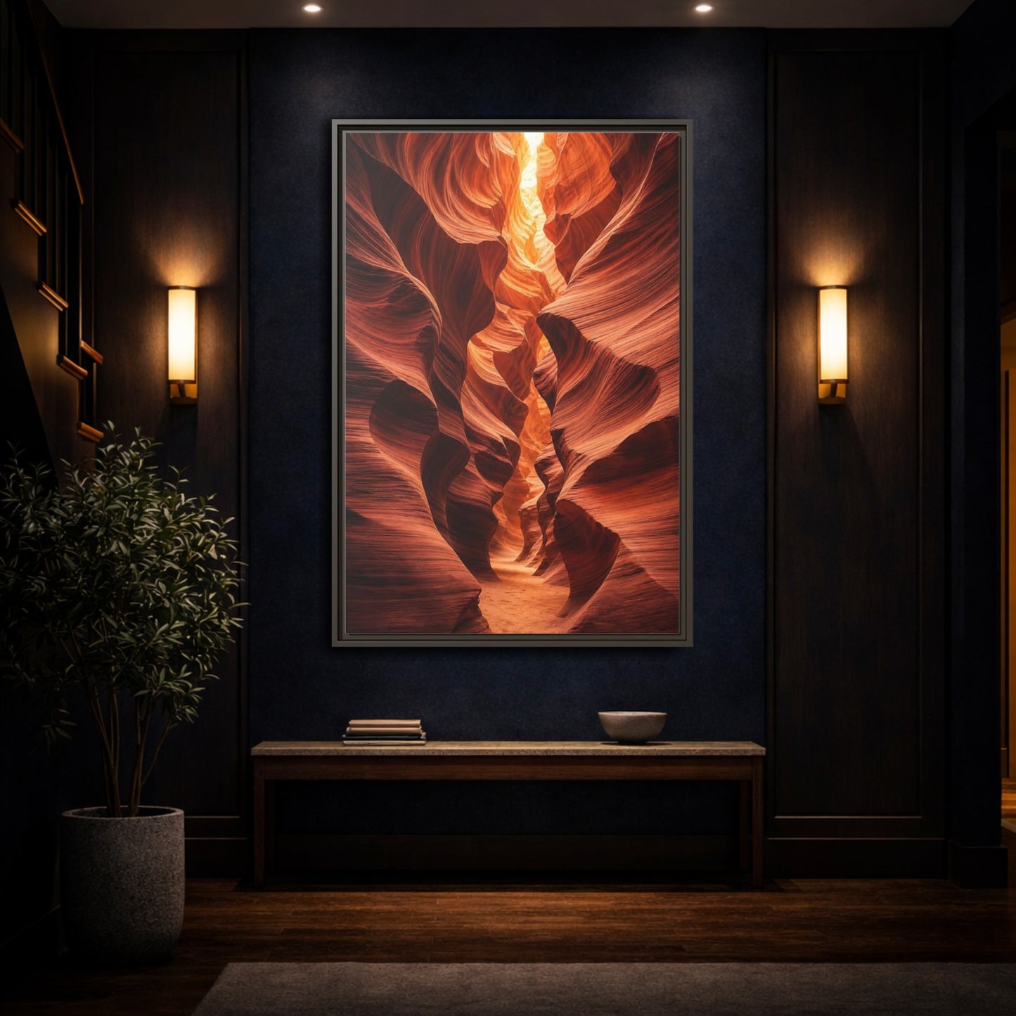 Nature Slot Canyon Orange Framed Canvas Wall Art - Photorealistic Decor for Living Room, Above Couch shown as canvas wall art