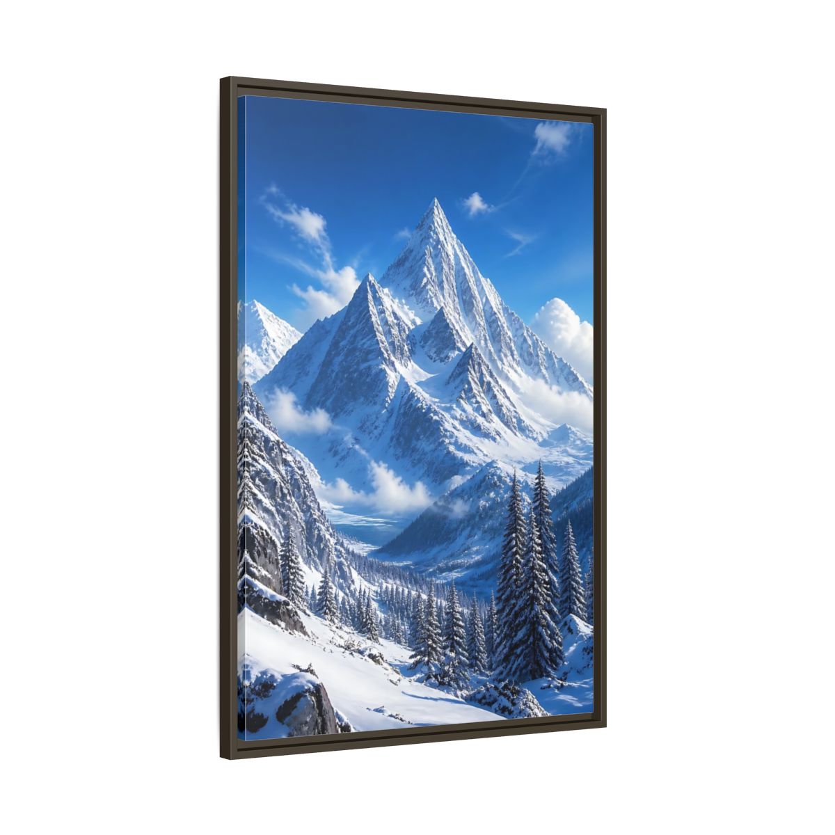 Main Mockup. Nature Snow-Capped Mountains Blue And White shown as stretched canvas wall art