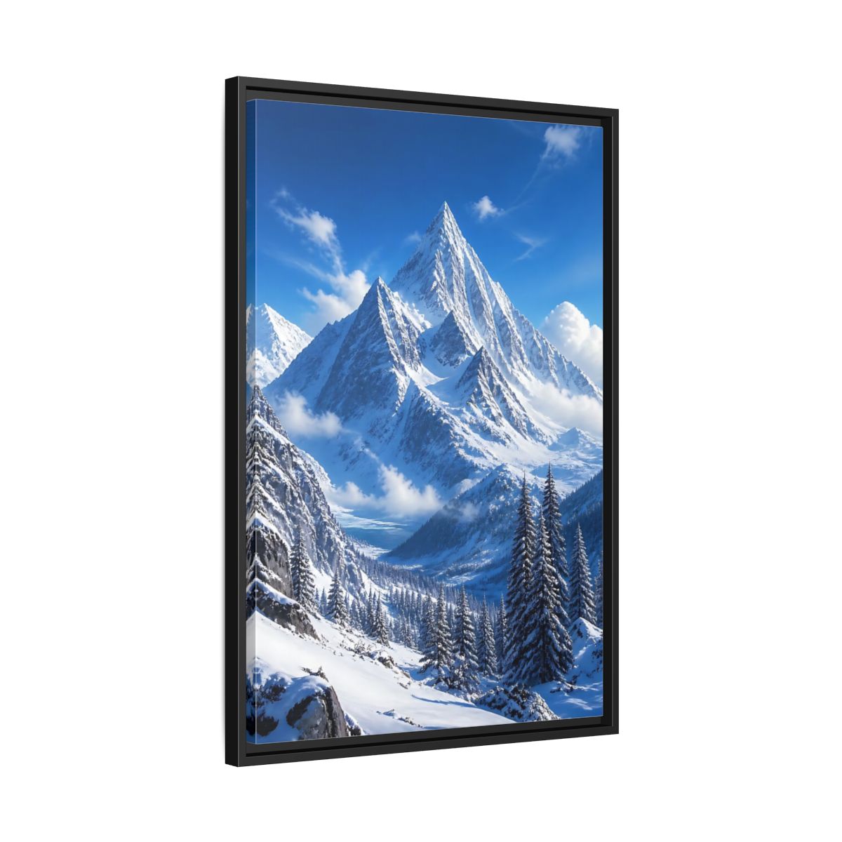 Side Mockup 14. Nature Snow-Capped Mountains Blue And White shown as stretched canvas wall art