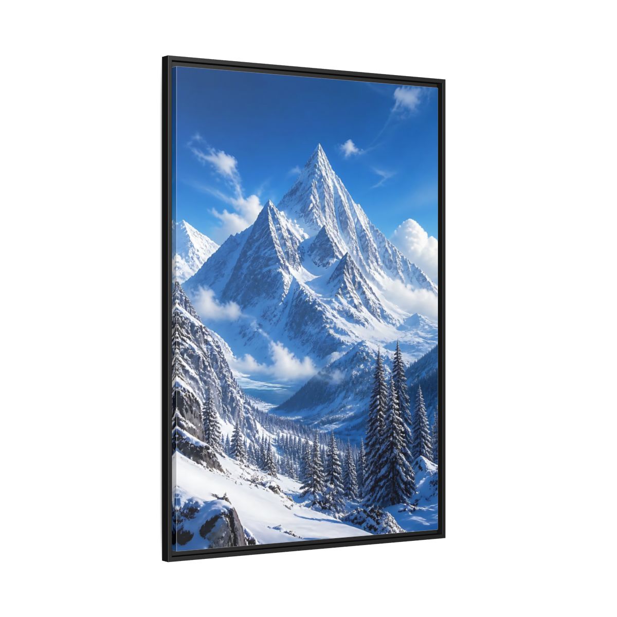 Side Mockup 12. Nature Snow-Capped Mountains Blue And White shown as stretched canvas wall art