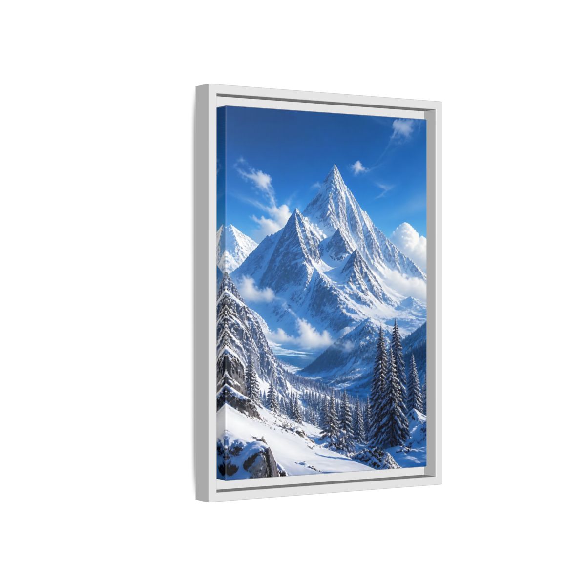 Side Mockup 4. Nature Snow-Capped Mountains Blue And White shown as stretched canvas wall art