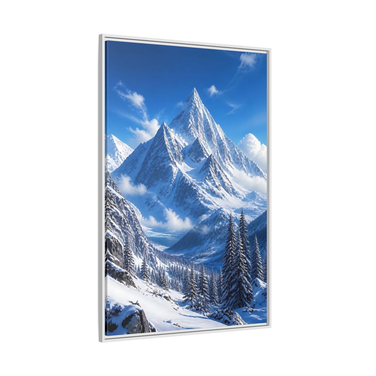 Side Mockup 7. Nature Snow-Capped Mountains Blue And White shown as stretched canvas wall art