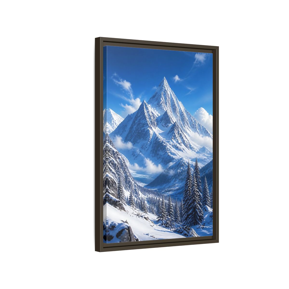 Side Mockup 2. Nature Snow-Capped Mountains Blue And White shown as stretched canvas wall art