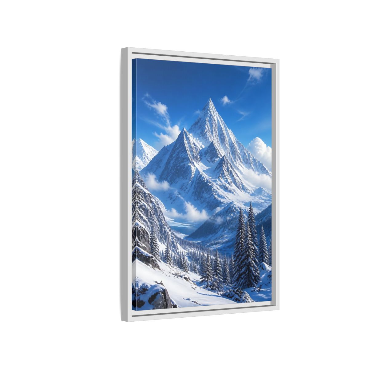 Side Mockup 1. Nature Snow-Capped Mountains Blue And White shown as stretched canvas wall art