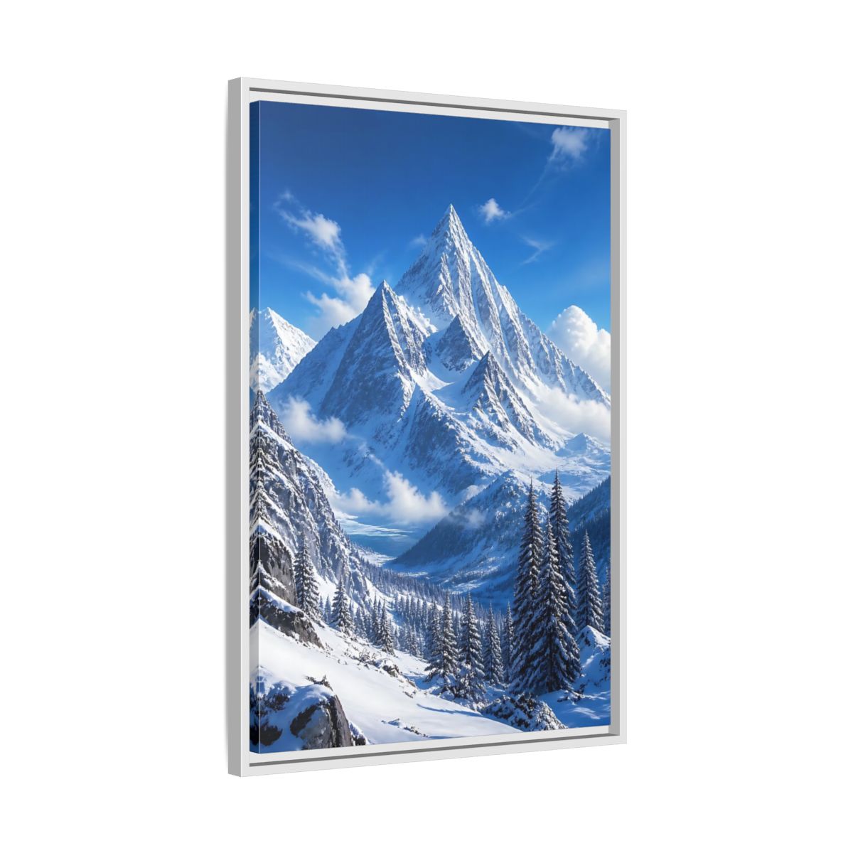 Side Mockup 10. Nature Snow-Capped Mountains Blue And White shown as stretched canvas wall art