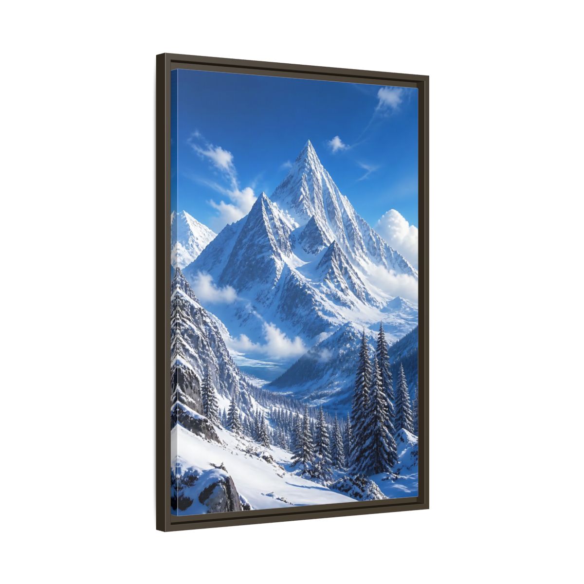 Side Mockup 11. Nature Snow-Capped Mountains Blue And White shown as stretched canvas wall art