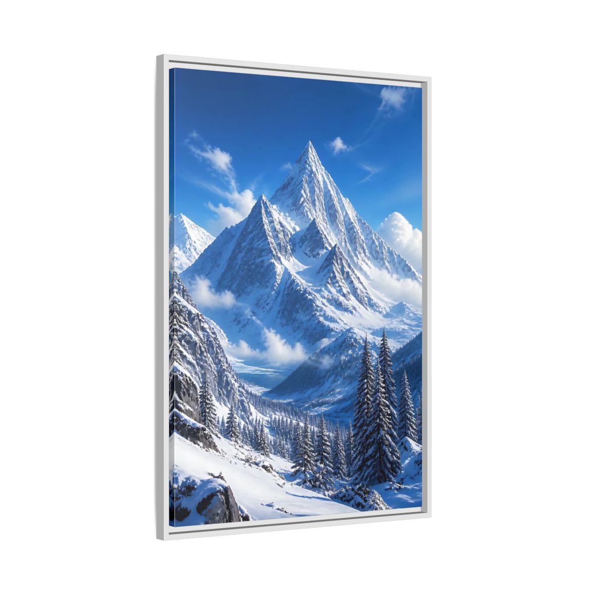 Side Mockup 9. Nature Snow-Capped Mountains Blue And White shown as stretched canvas wall art