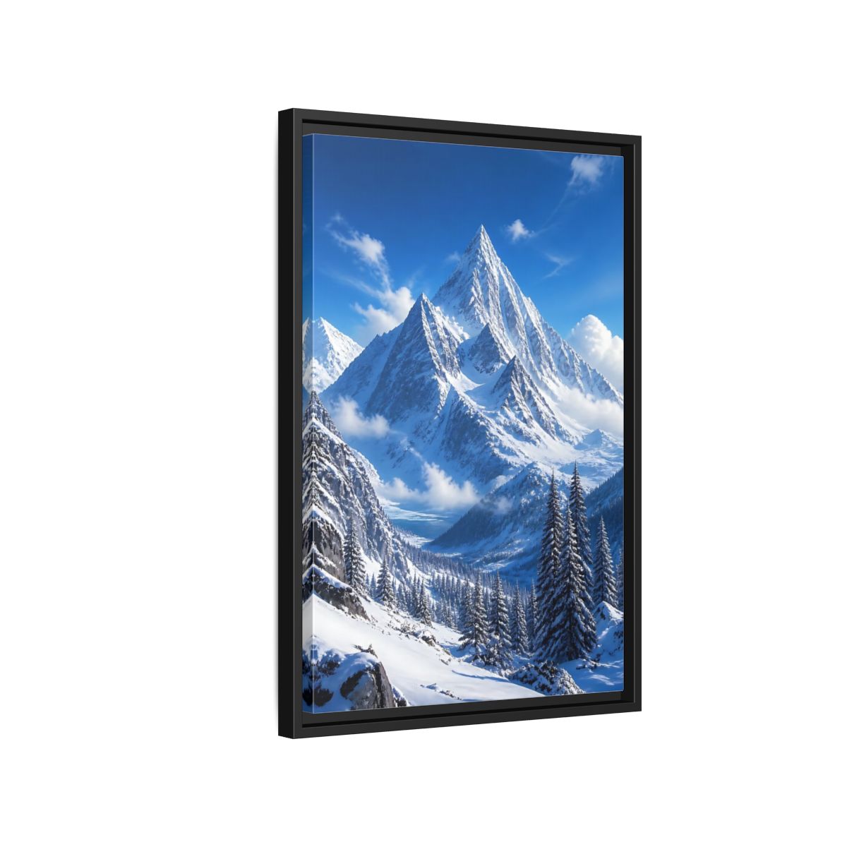 Side Mockup 3. Nature Snow-Capped Mountains Blue And White shown as stretched canvas wall art