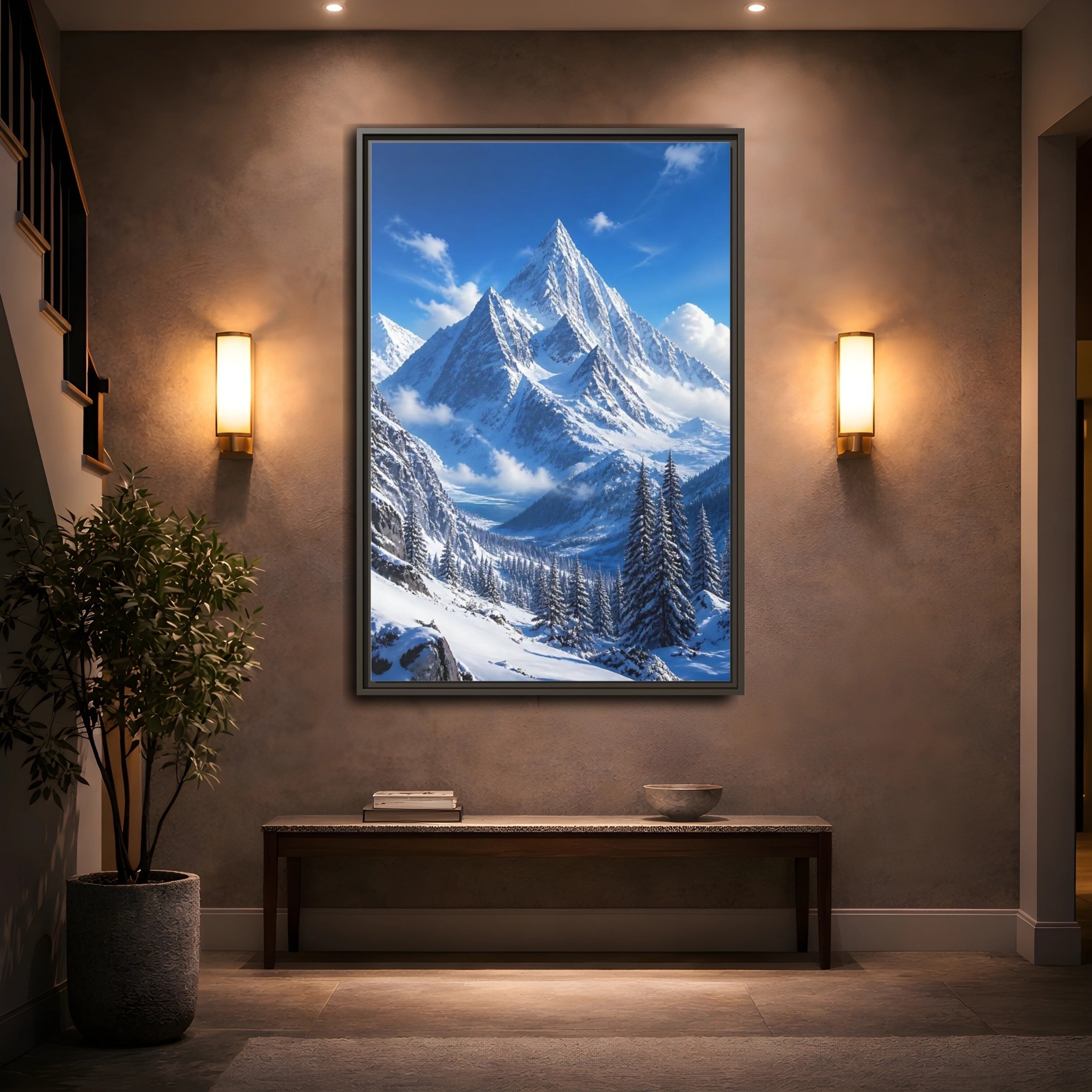 Mockup 2. Nature Snow-Capped Mountains Blue And White shown as stretched canvas wall art