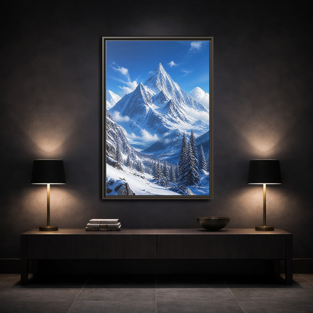 Mockup 3. Nature Snow-Capped Mountains Blue And White shown as stretched canvas wall art