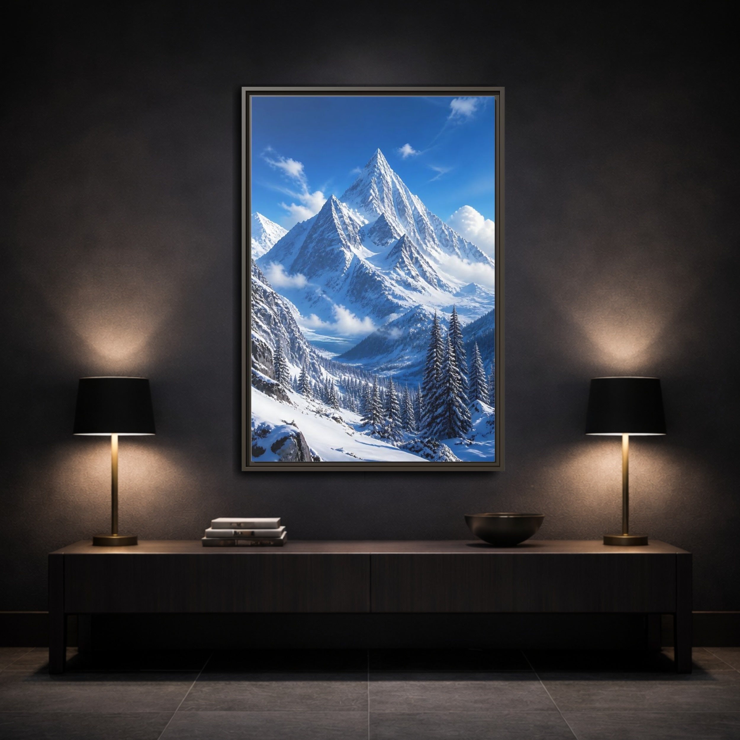 Mockup 3. Nature Snow-Capped Mountains Blue And White shown as stretched canvas wall art