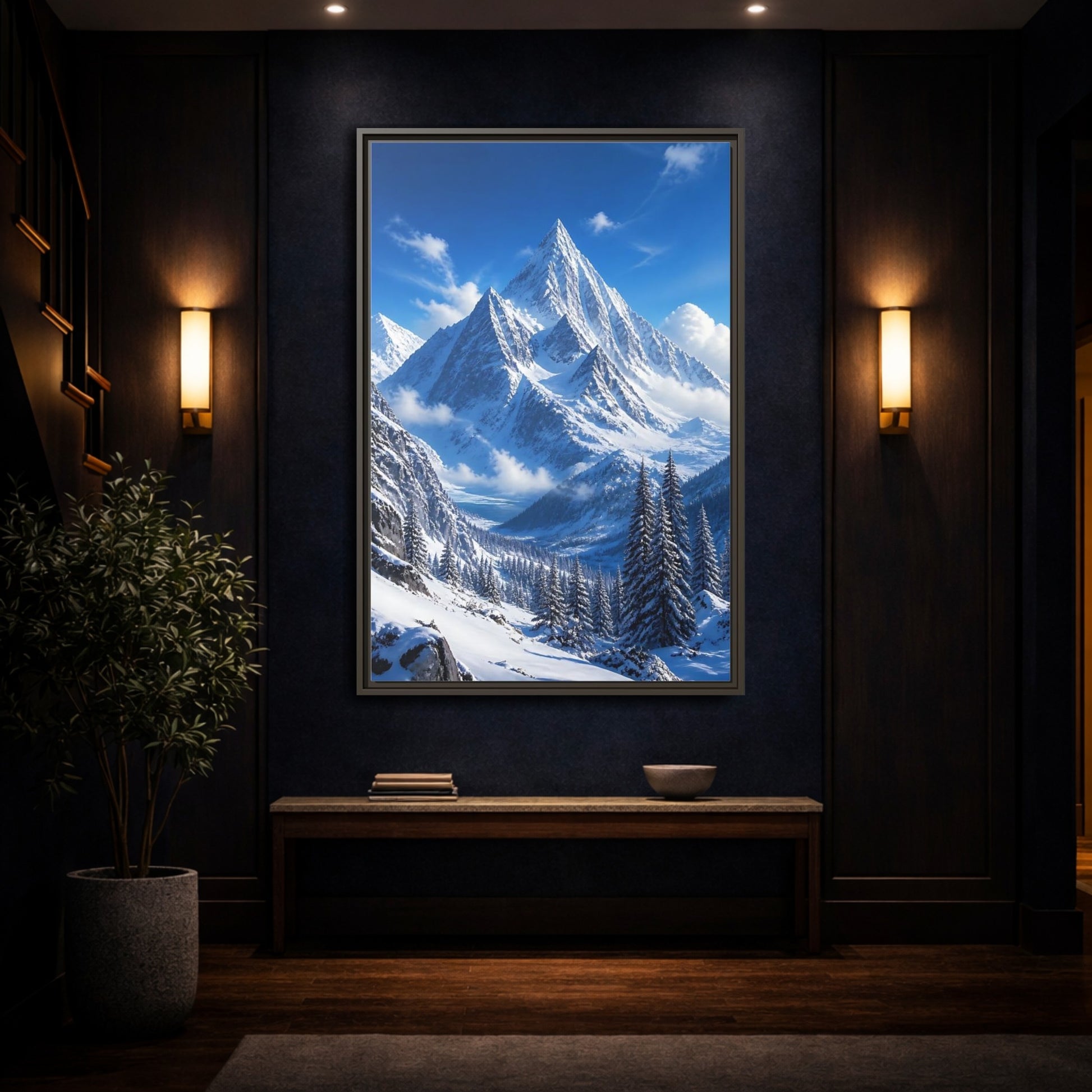 Nature Snow-Capped Mountains Blue and White Framed Canvas Wall Art shown as canvas wall art