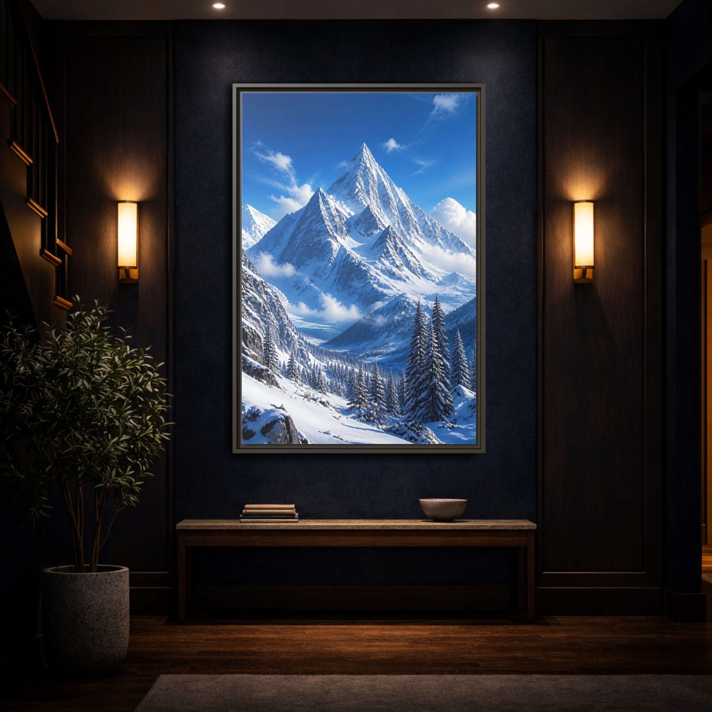 Mockup 4. Nature Snow-Capped Mountains Blue And White shown as stretched canvas wall art