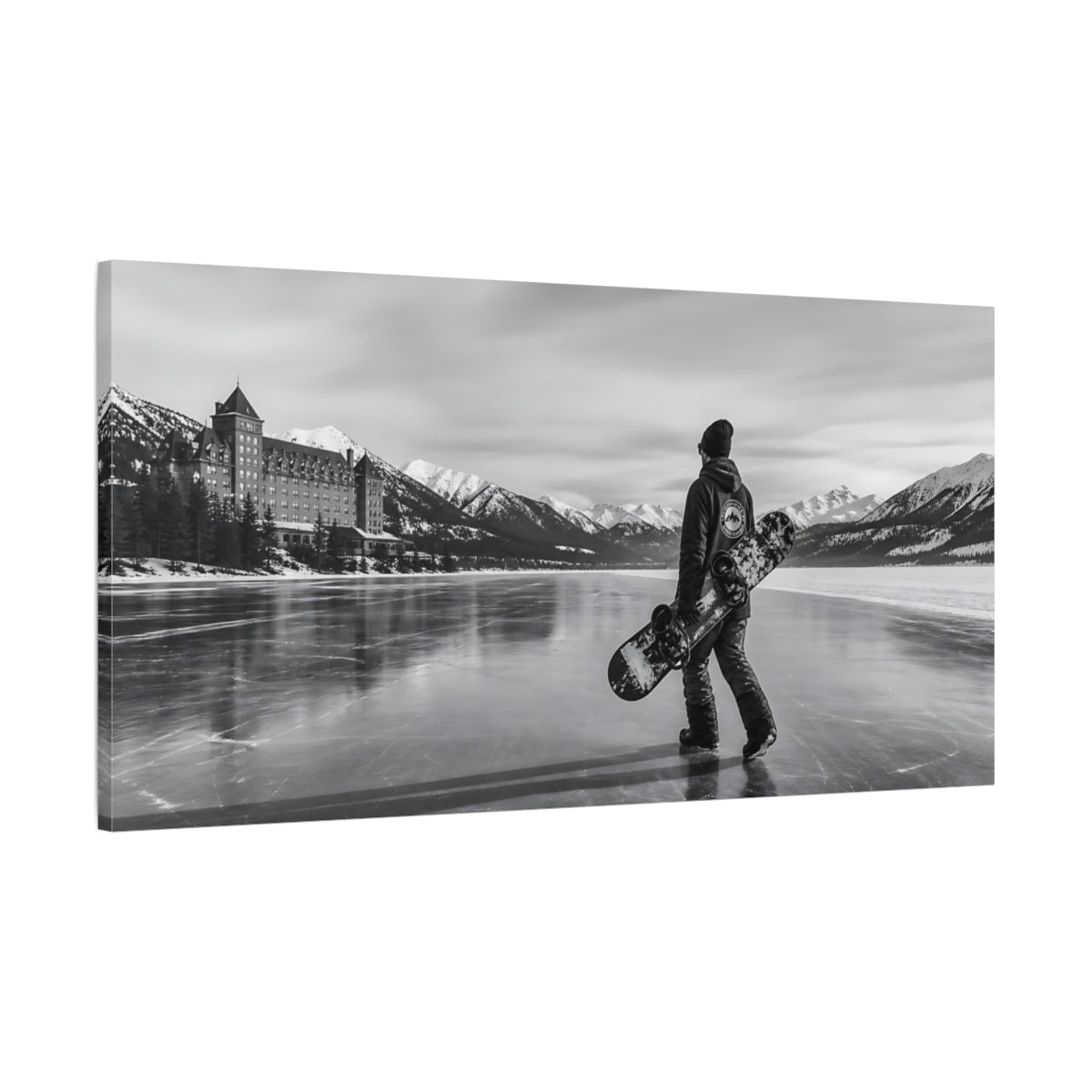 Main Mockup. Nature Snowboarder Monochrome Winter shown as canvas print