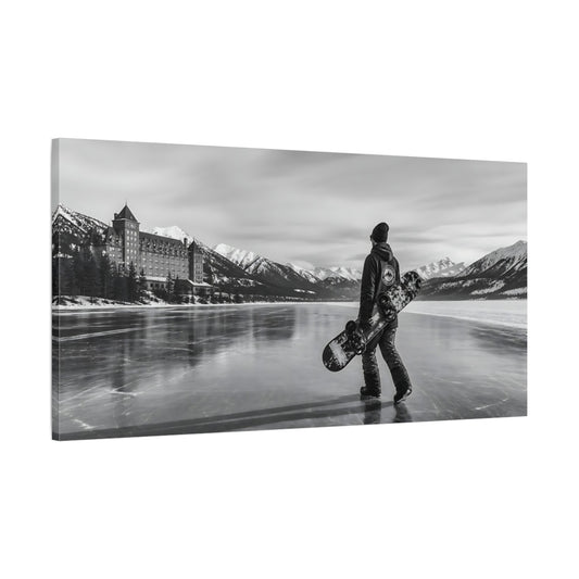 Main Mockup. Nature Snowboarder Monochrome Winter shown as canvas print