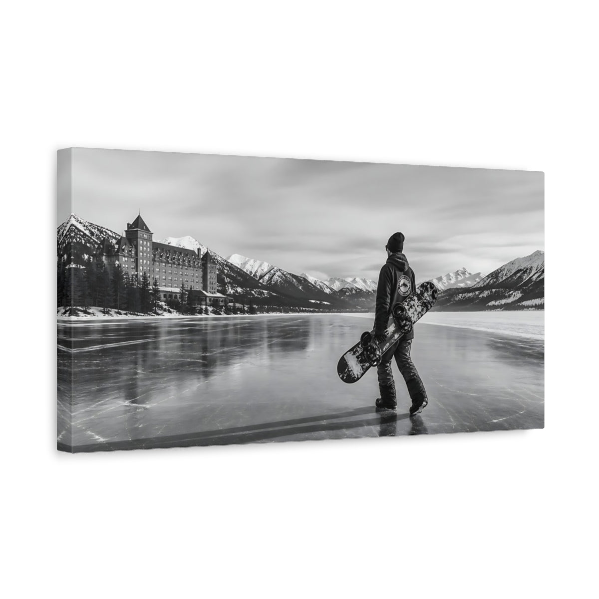Side Mockup 3. Nature Snowboarder Monochrome Winter shown as canvas print