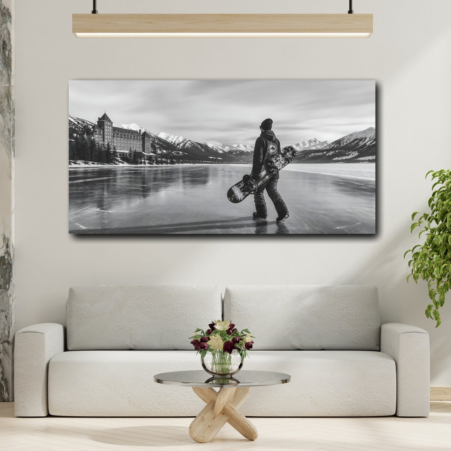 Mockup 2. Nature Snowboarder Monochrome Winter shown as canvas print