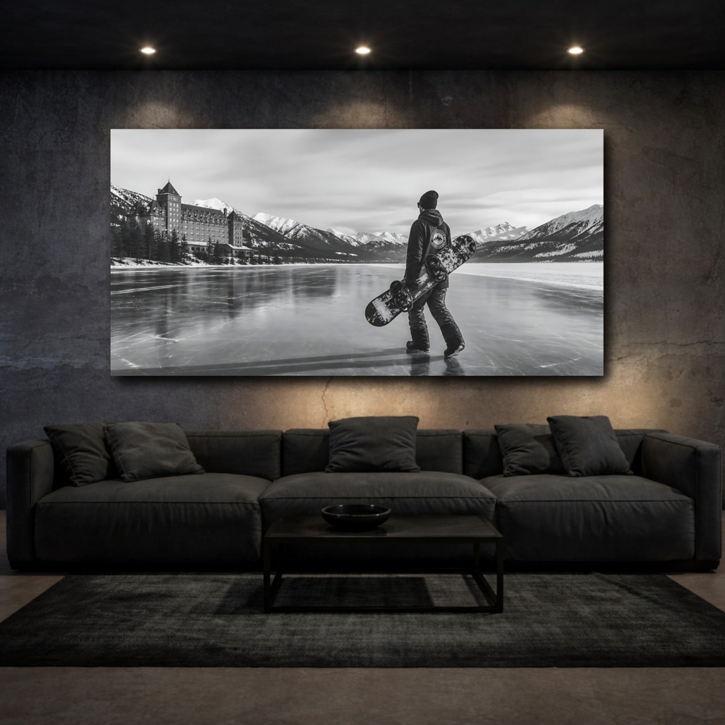 Mockup 3. Nature Snowboarder Monochrome Winter shown as canvas print