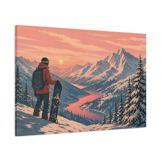 Main Mockup. Nature Snowboarder Pink Mountain Sunset shown as stretched canvas wall art