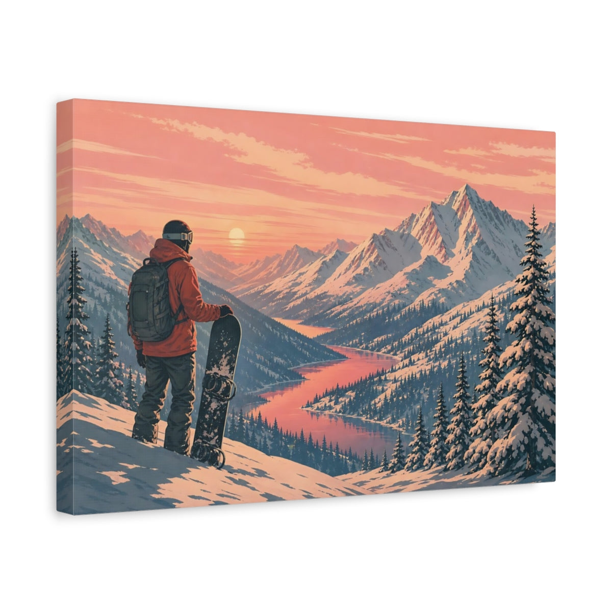 Side Mockup 4. Nature Snowboarder Pink Mountain Sunset shown as stretched canvas wall art
