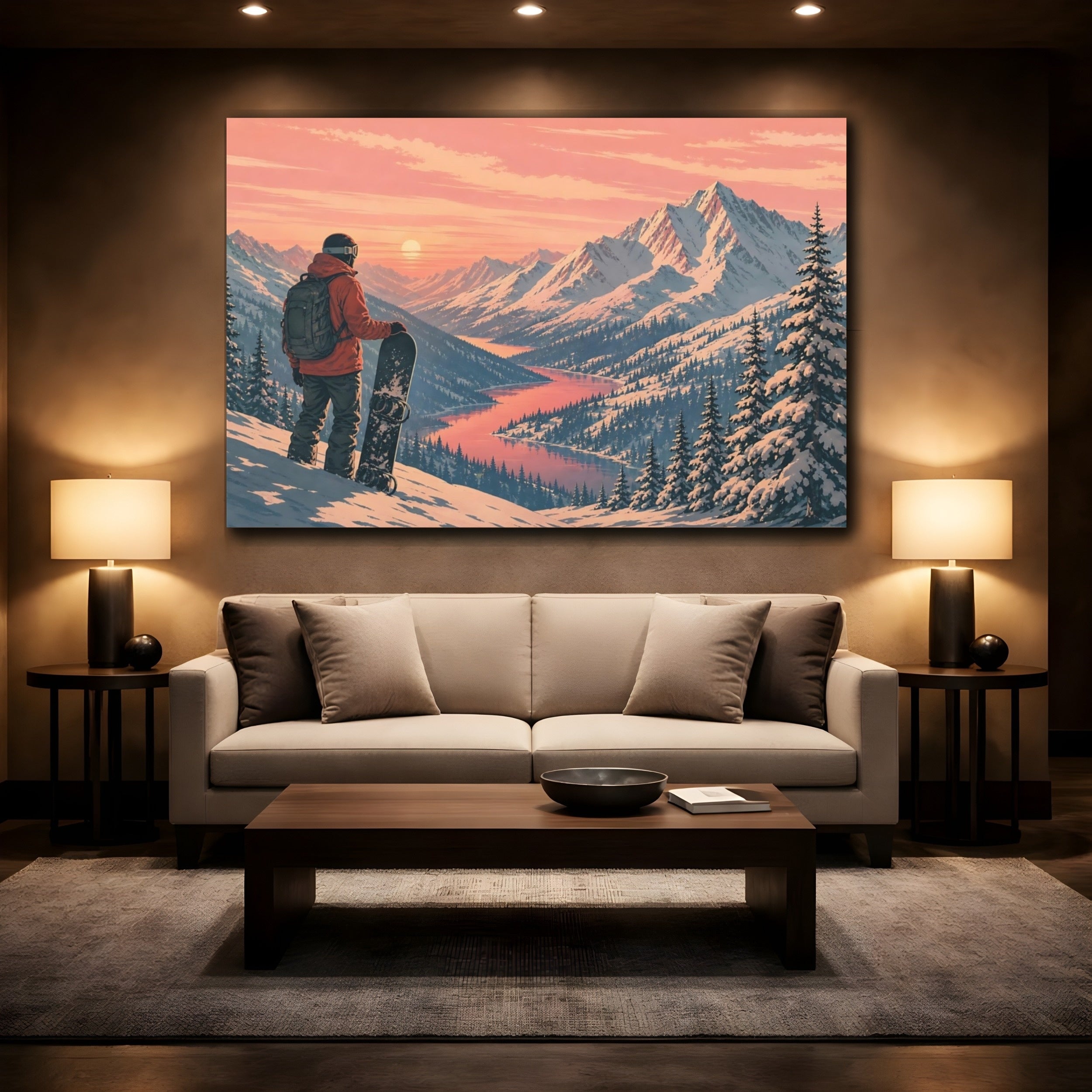 Mockup 2. Nature Snowboarder Pink Mountain Sunset shown as stretched canvas wall art