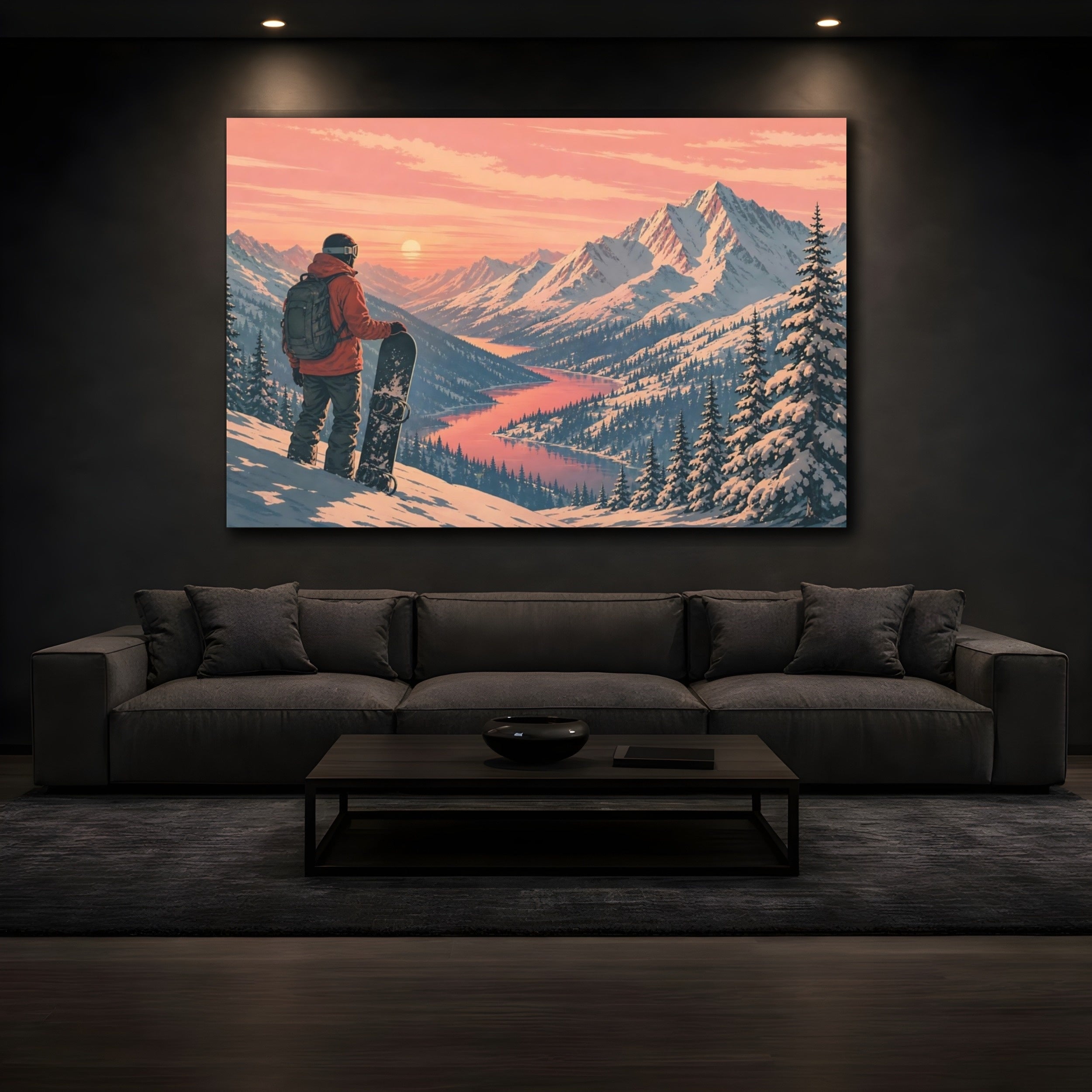 Mockup 3. Nature Snowboarder Pink Mountain Sunset shown as stretched canvas wall art
