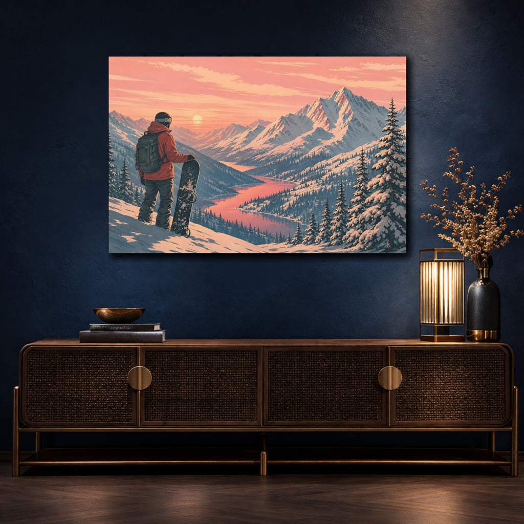 Mockup 4. Nature Snowboarder Pink Mountain Sunset shown as stretched canvas wall art