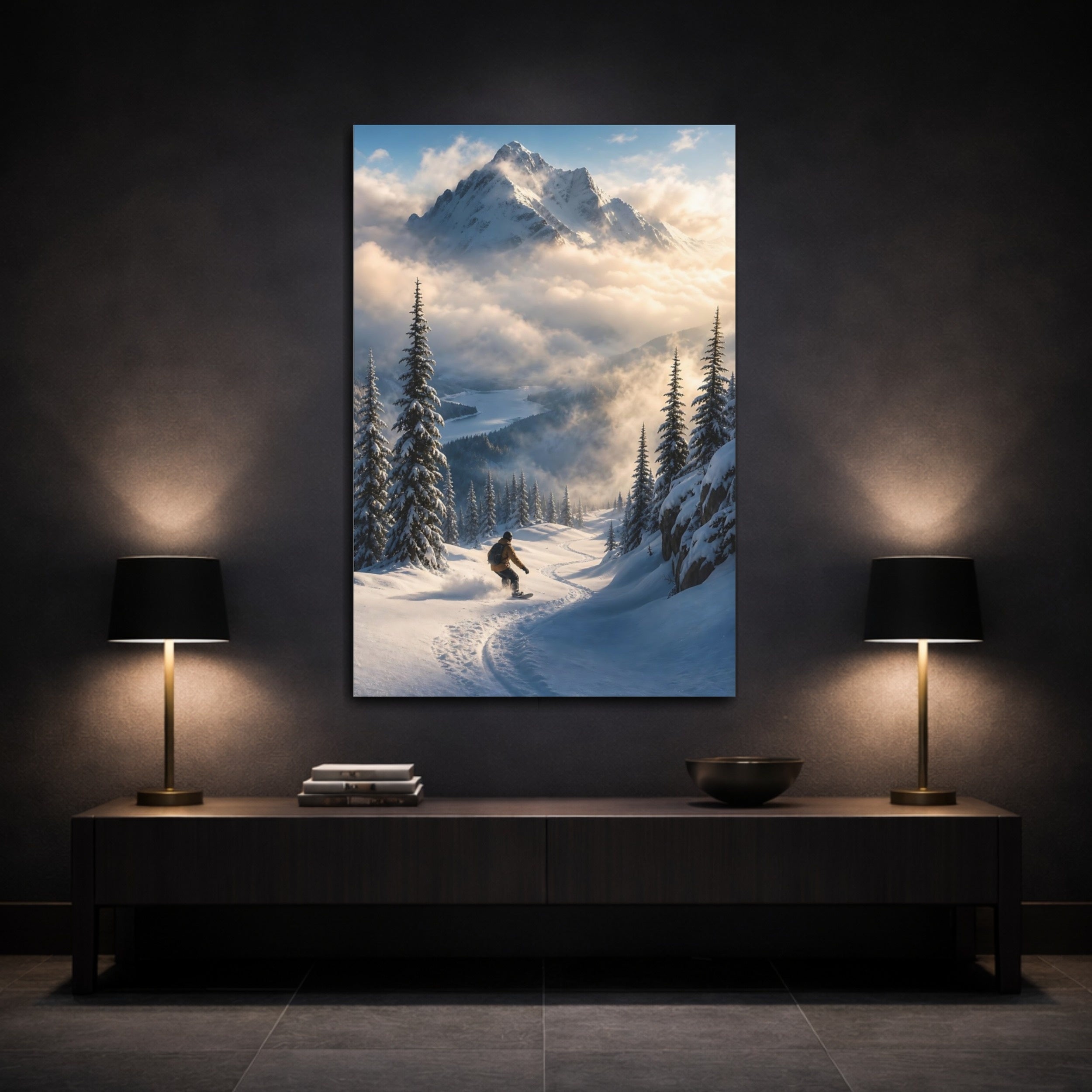 Mockup 3. Nature Snowboarder Snowboarding Mountain shown as stretched canvas wall art