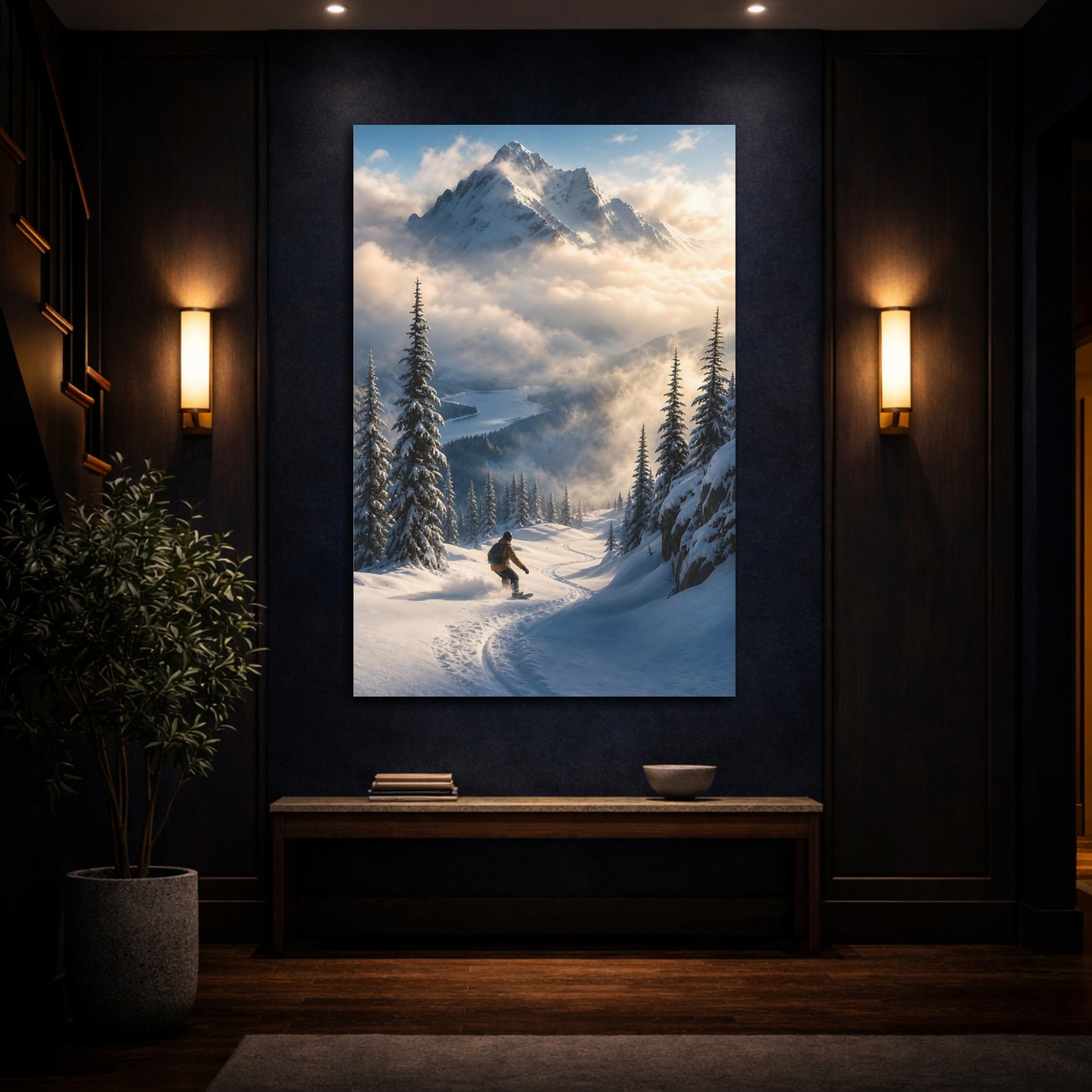 Mockup 4. Nature Snowboarder Snowboarding Mountain shown as stretched canvas wall art