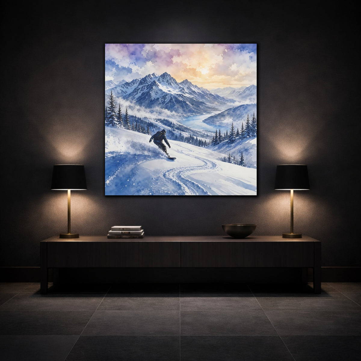Mockup 3. Nature Snowboarder Winter Snowboarder shown as stretched canvas wall art