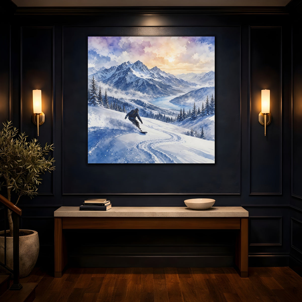 Mockup 4. Nature Snowboarder Winter Snowboarder shown as stretched canvas wall art