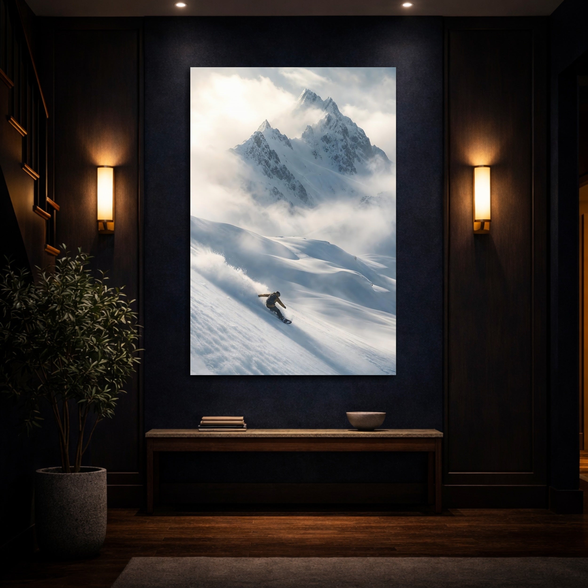 Mockup 4. Nature Snowboarder Winter Snowboarding shown as stretched canvas wall art