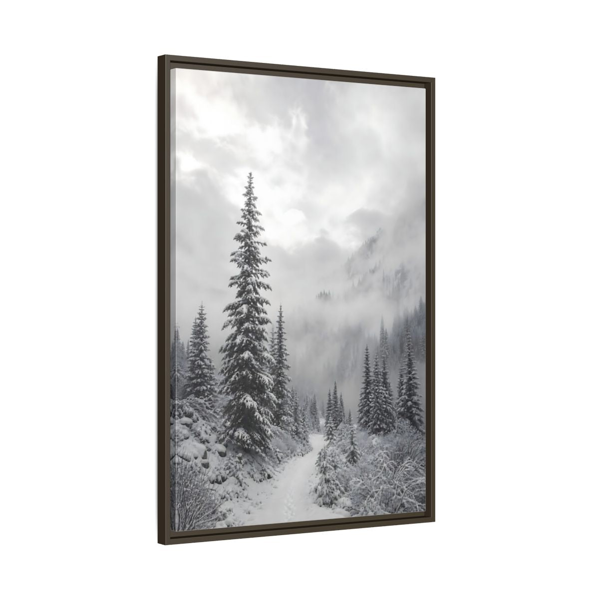 Main Mockup. Nature Snowy Forest Monochrome Winter shown as stretched canvas wall art