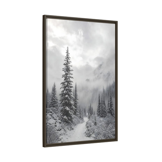 Main Mockup. Nature Snowy Forest Monochrome Winter shown as stretched canvas wall art