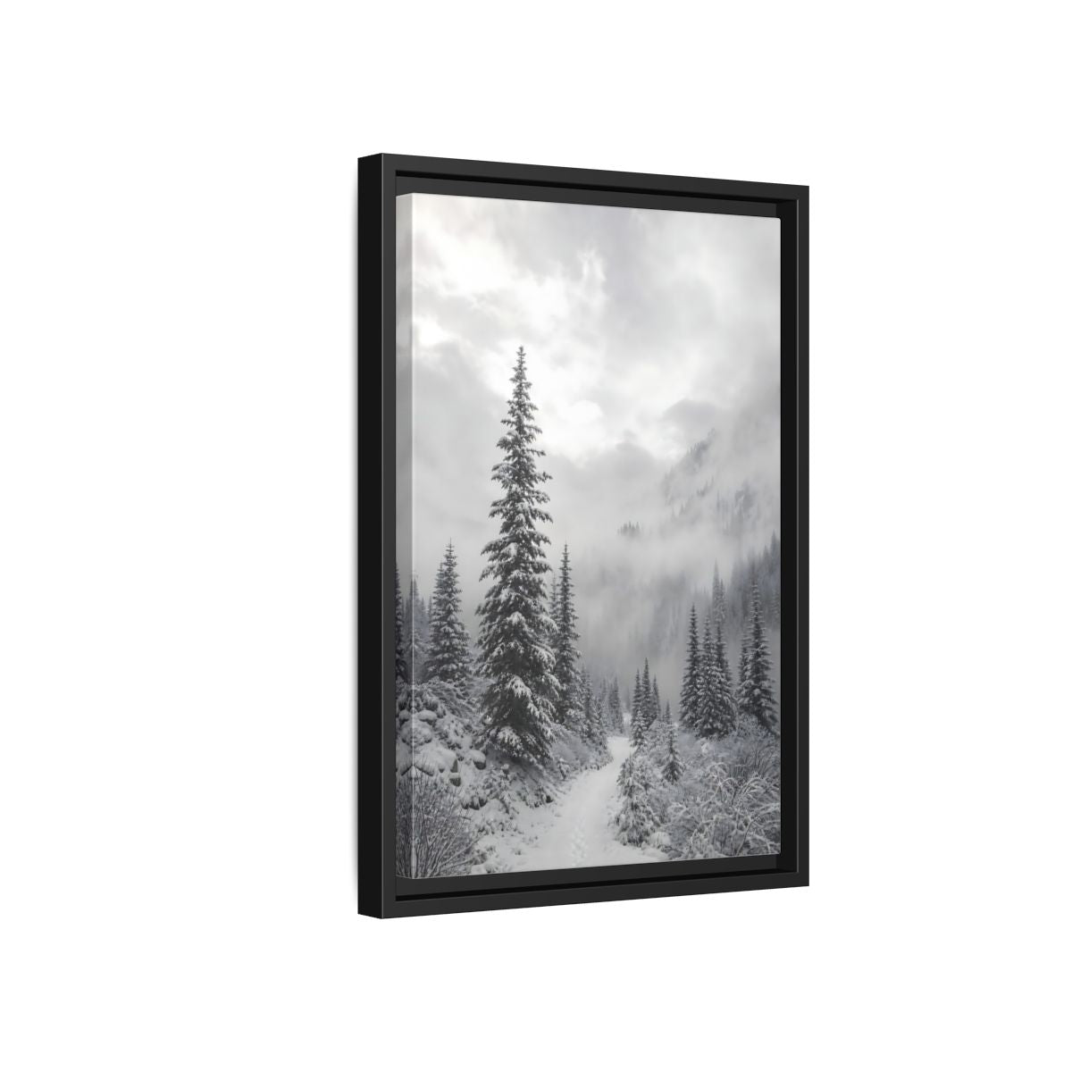 Side Mockup 6. Nature Snowy Forest Monochrome Winter shown as stretched canvas wall art