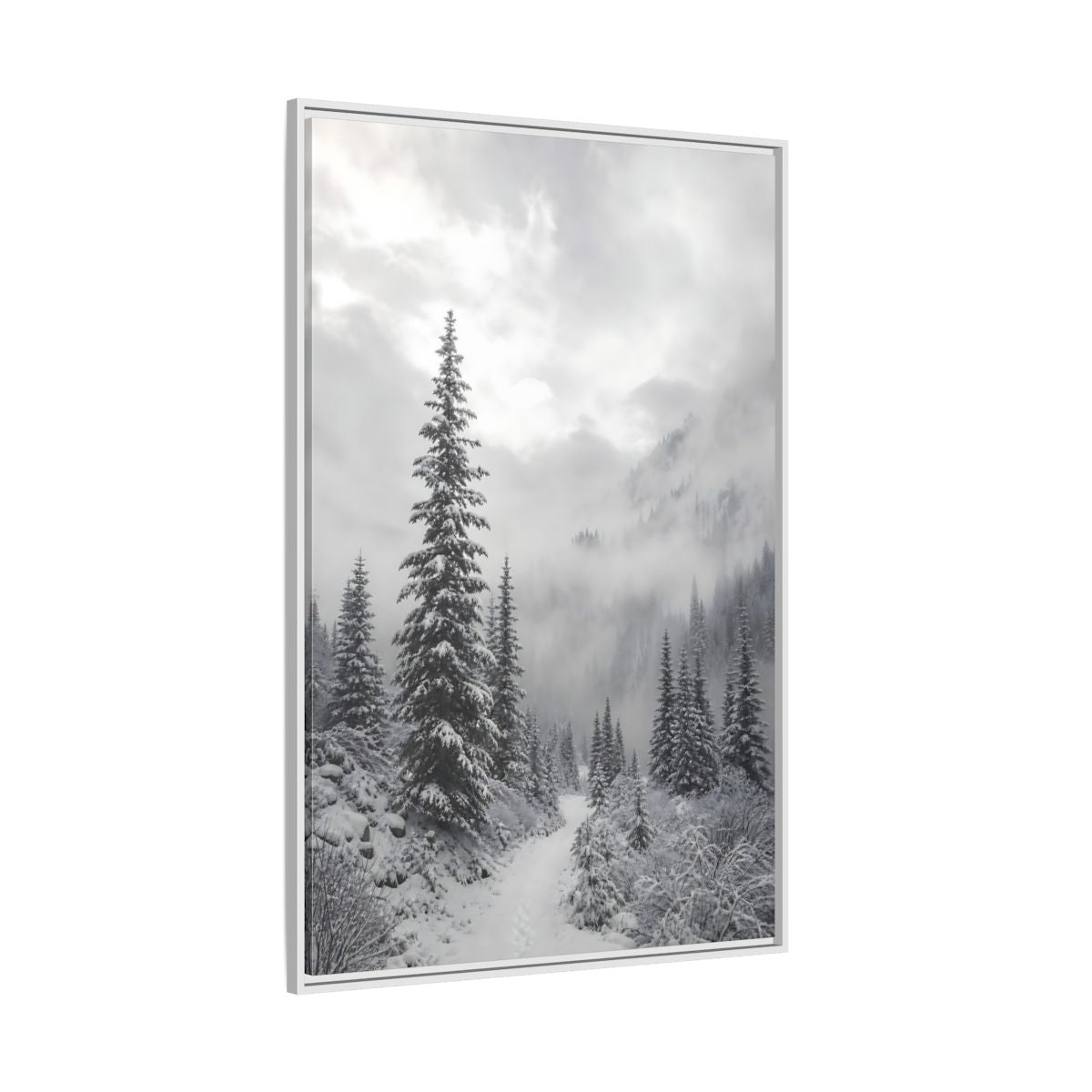 Side Mockup 7. Nature Snowy Forest Monochrome Winter shown as stretched canvas wall art