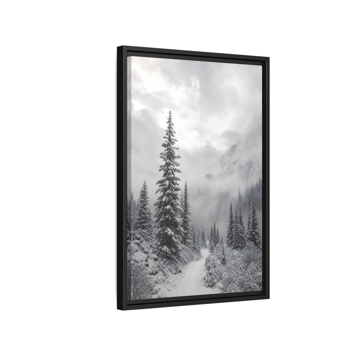Side Mockup 3. Nature Snowy Forest Monochrome Winter shown as stretched canvas wall art