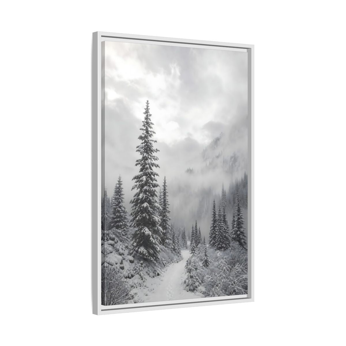 Side Mockup 10. Nature Snowy Forest Monochrome Winter shown as stretched canvas wall art