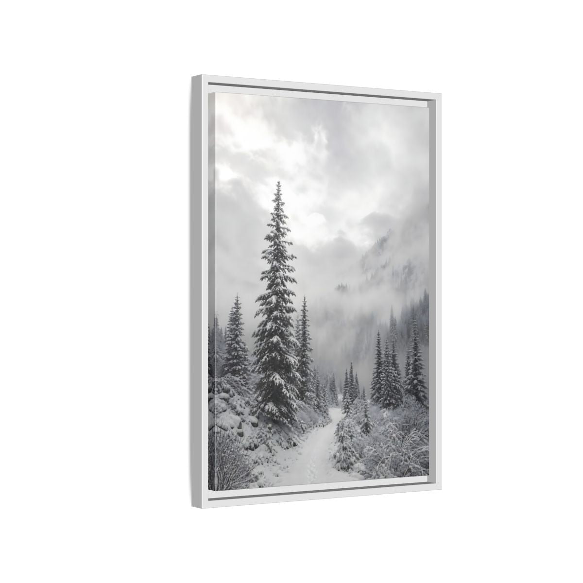 Side Mockup 1. Nature Snowy Forest Monochrome Winter shown as stretched canvas wall art