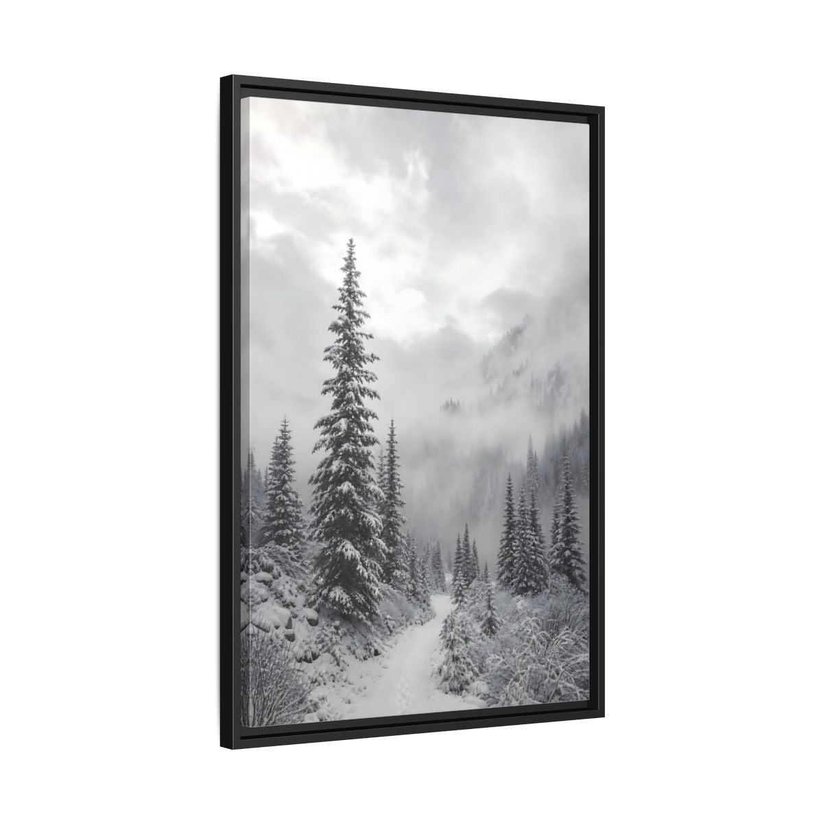 Side Mockup 14. Nature Snowy Forest Monochrome Winter shown as stretched canvas wall art