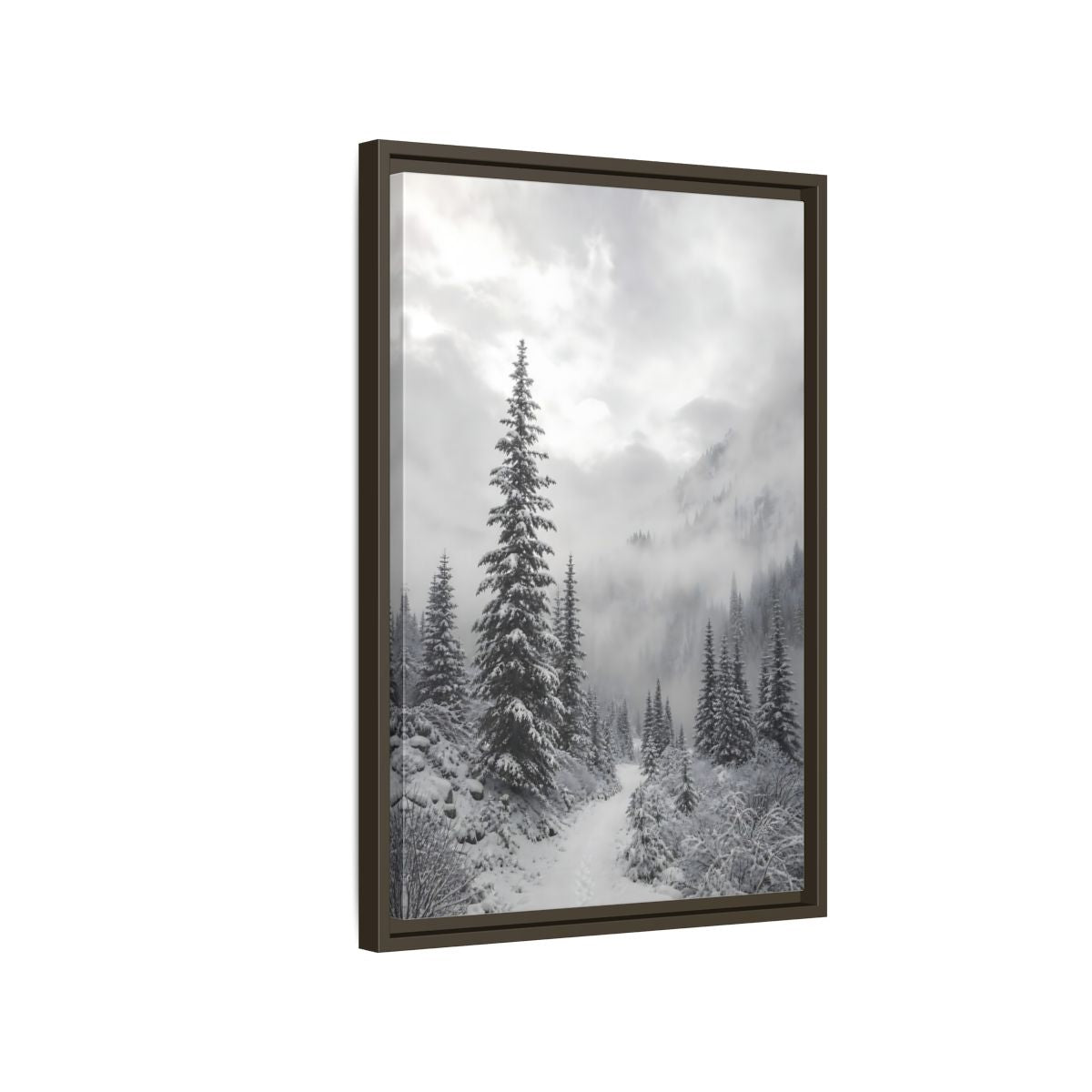 Side Mockup 2. Nature Snowy Forest Monochrome Winter shown as stretched canvas wall art
